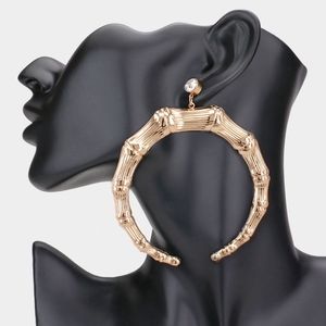 Gold Dangle Round Horn Bamboo Doorknocker Hoop Earrings Trendy Fashion Accessory